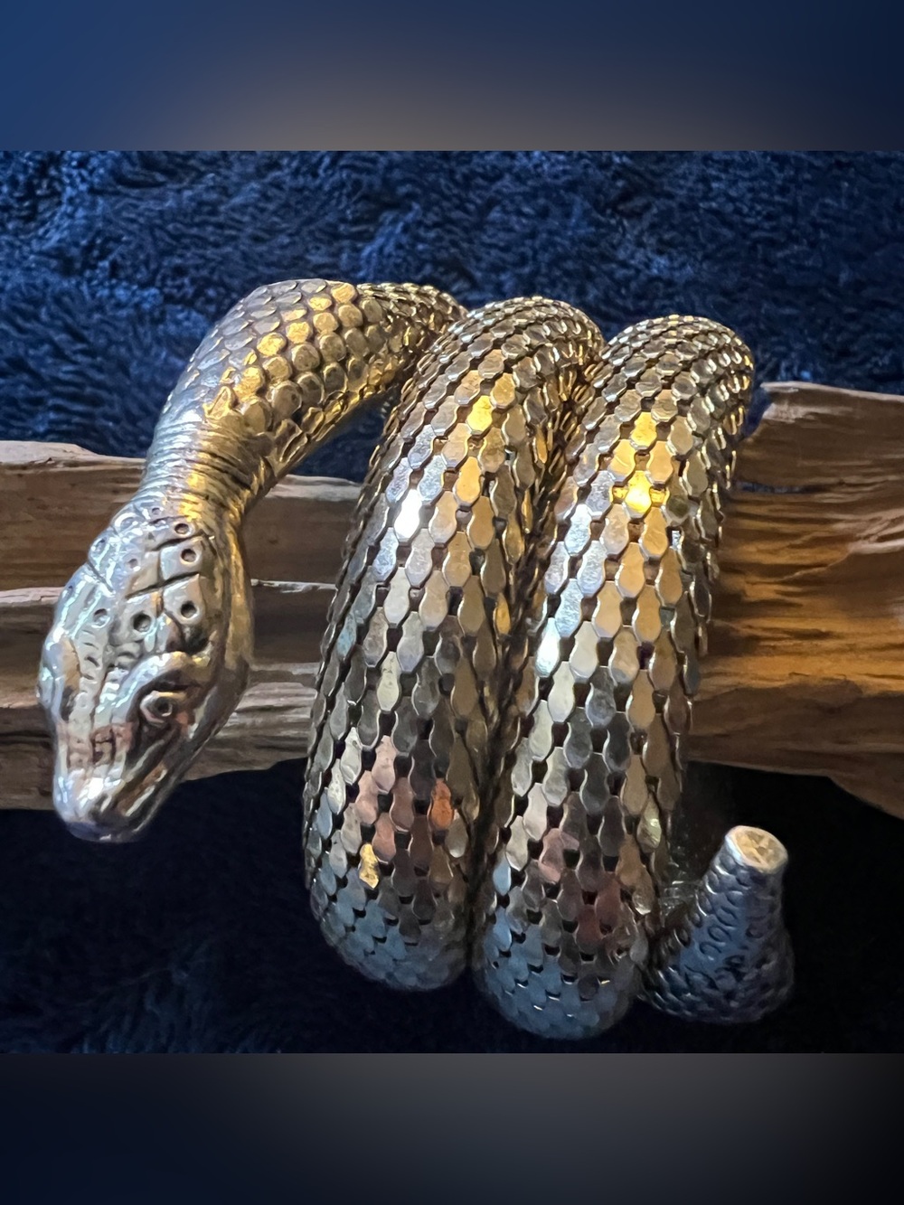 Whiting & Davis vintage chainmail mesh snake wrap 3-coil bracelet in gold